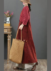 Modern Burgundy Plaid Tunic V Neck Tie Waist Maxi Spring Dress - bagstylebliss