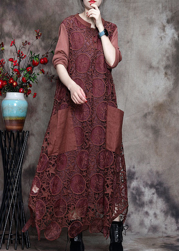 Modern Chocolate Button Embroideried asymmetrical design Fall Vacation Dresses Long sleeve