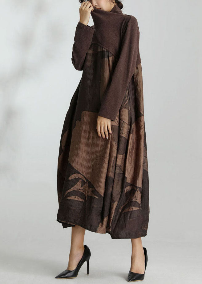 Modern Chocolate Turtle Neck Patchwork Silk Robe Dresses Spring