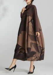 Modern Chocolate Turtle Neck Patchwork Silk Robe Dresses Spring