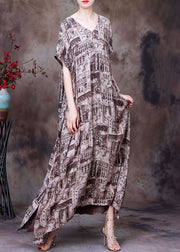 Modern Chocolate V Neck Print Side Open Draping Silk Long Dresses Short Sleeve