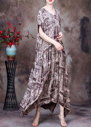 Modern Chocolate V Neck Print Side Open Draping Silk Long Dresses Short Sleeve