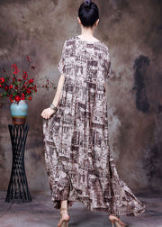 Modern Chocolate V Neck Print Side Open Draping Silk Long Dresses Short Sleeve