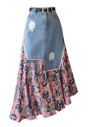 Modern Colorblock Asymmetrical Denim Patchwork Chiffon Skirts Spring