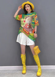 Modern Colorblock Multi O-Neck Bear Print Cotton Tanks Tops Short Sleeve