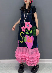 Modern Dark Blue Patchwork Pink Tulle Patchwork Floral Maxi Dresses Sleeveless