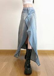 Modern Denim Blue Asymmetrical Ruffled Patchwork High Waist A Line Skirt Spring