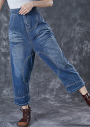 Modern Denim Blue Elastic Waist Pockets Cotton Harem Pants Fall