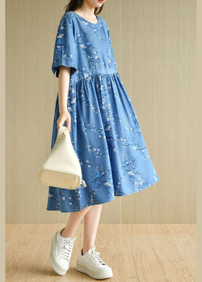 Modern Denim Blue O-Neck Print Summer Cotton Dress Short Sleeve - bagstylebliss