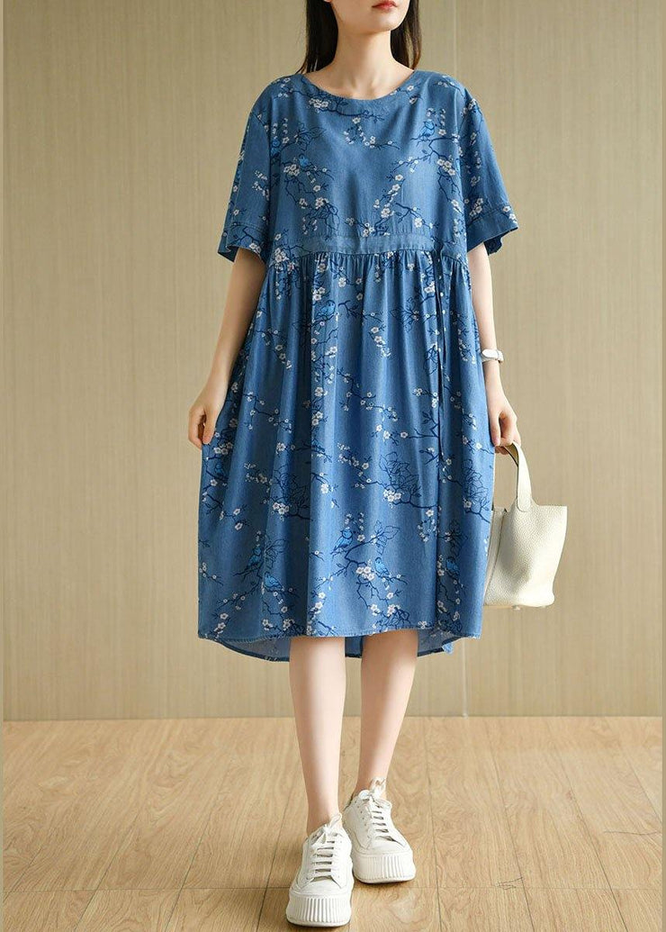 Modern Denim Blue O-Neck Print Summer Cotton Dress Short Sleeve - bagstylebliss