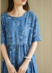 Modern Denim Blue O-Neck Print Summer Cotton Dress Short Sleeve - bagstylebliss