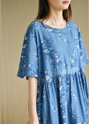 Modern Denim Blue O-Neck Print Summer Cotton Dress Short Sleeve - bagstylebliss