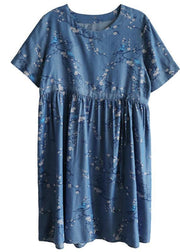 Modern Denim Blue O-Neck Print Summer Cotton Dress Short Sleeve - bagstylebliss