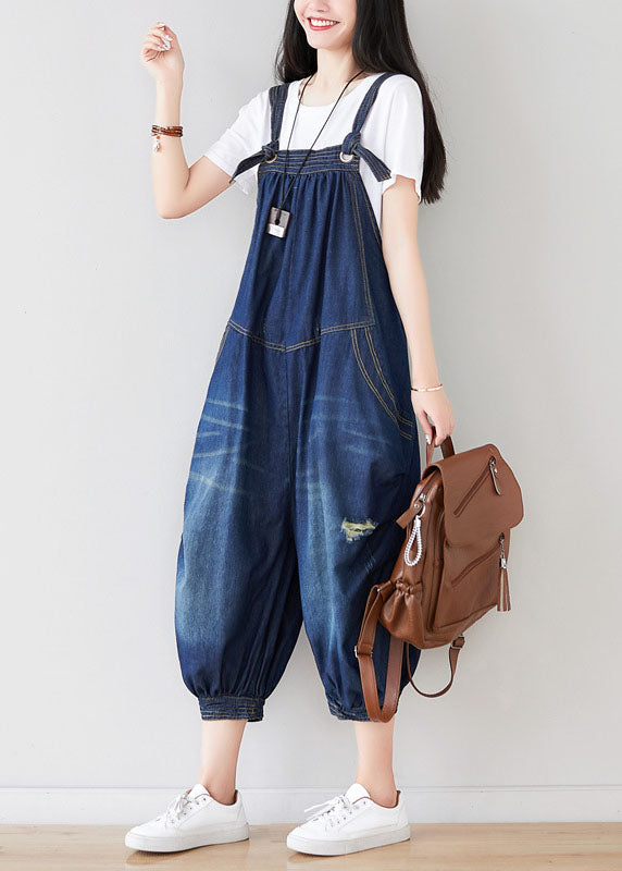 Modern Denim Blue Oversized Cotton Ripped Jumpsuit Spring