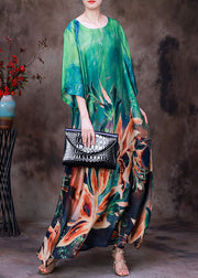 Modern Green O-Neck Print Silk Loose Long Dresses Bracelet Sleeve