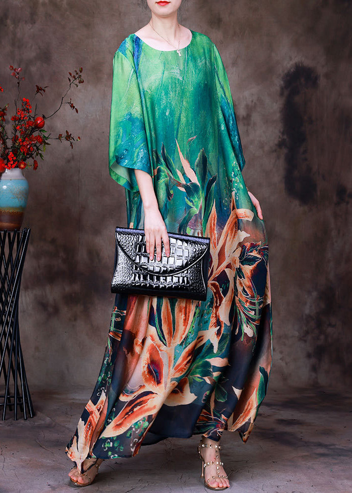 Modern Green O-Neck Print Silk Loose Long Dresses Bracelet Sleeve