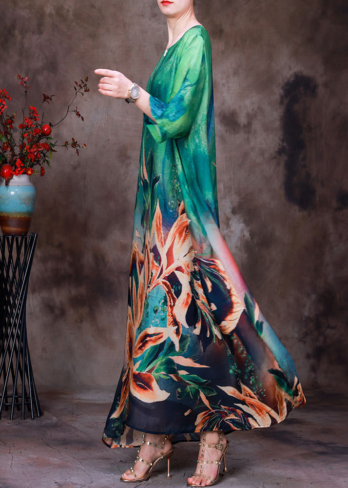 Modern Green O-Neck Print Silk Loose Long Dresses Bracelet Sleeve