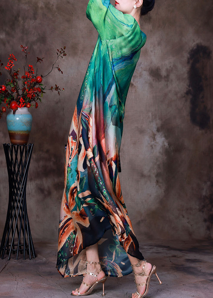 Modern Green O-Neck Print Silk Loose Long Dresses Bracelet Sleeve