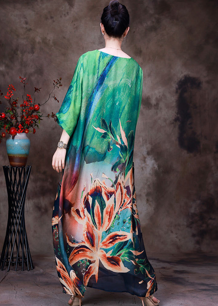 Modern Green O-Neck Print Silk Loose Long Dresses Bracelet Sleeve