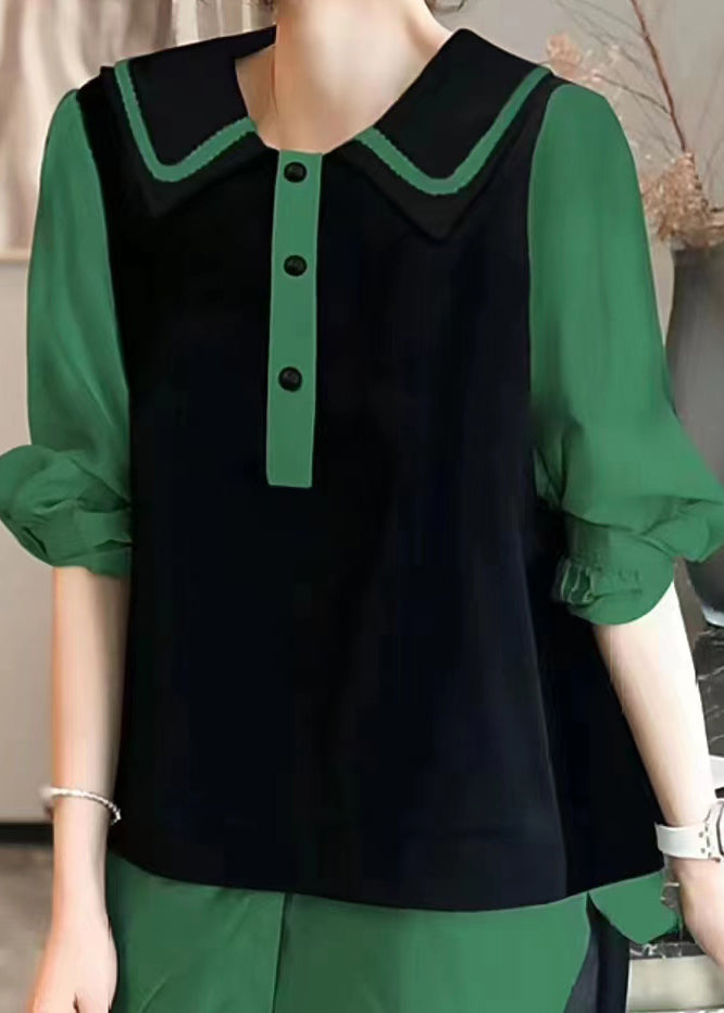 Modern Green Peter Pan Collar Patchwork Cotton Shirt Top Fall