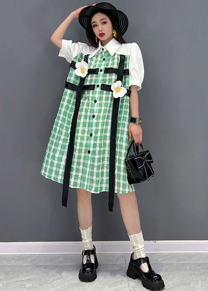 Modern Green Plaid Peter Pan Collar Patchwork Floral Maxi Dress Short Sleeve