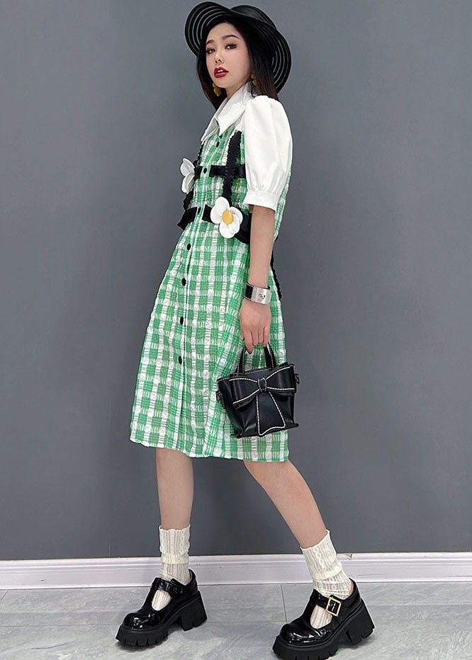 Modern Green Plaid Peter Pan Collar Patchwork Floral Maxi Dress Short Sleeve