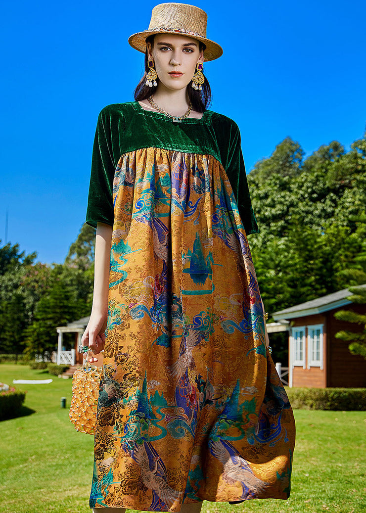 Modern Green Print Wrinkled Silk Velour Patchwork Long Dress Summer