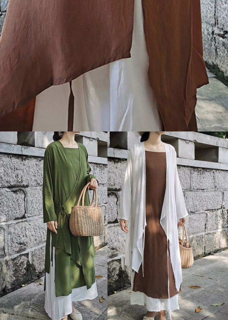 Modern Green Solid Tie Waist Cotton Long Cardigans Summer