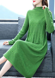 Modern Green Stand Collar Jacquard Solid Color Knitted Long Dress Long Sleeve