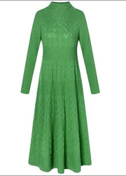 Modern Green Stand Collar Jacquard Solid Color Knitted Long Dress Long Sleeve