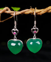 Modern Green Sterling Silver Inlaid Love Chalcedony Drop Earrings