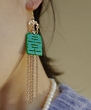 Modern Green Sterling Silver Jade Dry Green Gadeite Graphic Drop Tassel Earrings