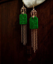 Modern Green Sterling Silver Jade Dry Green Gadeite Graphic Drop Tassel Earrings