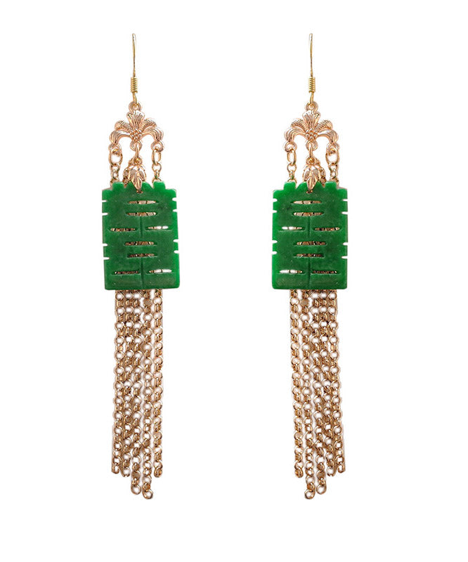 Modern Green Sterling Silver Jade Dry Green Gadeite Graphic Drop Tassel Earrings