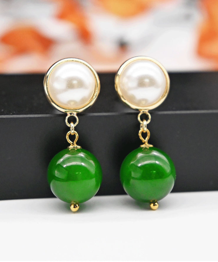 Modern Green Sterling Silver Overgild Inlaid Jade Pearl Drop Earrings