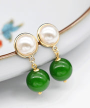 Modern Green Sterling Silver Overgild Inlaid Jade Pearl Drop Earrings