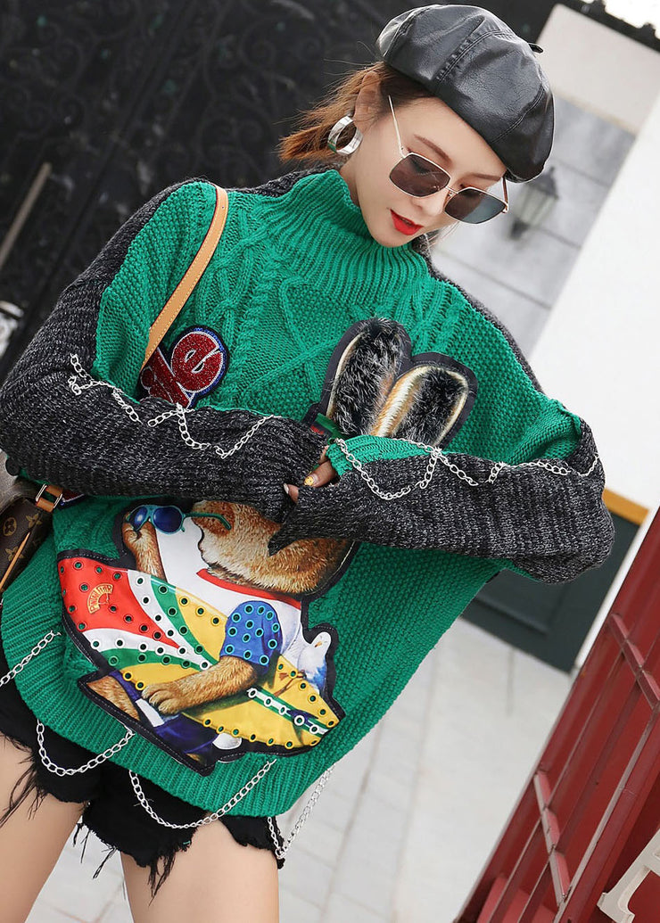 Modern Green Turtleneck Patchwork Print Fall Sweaters