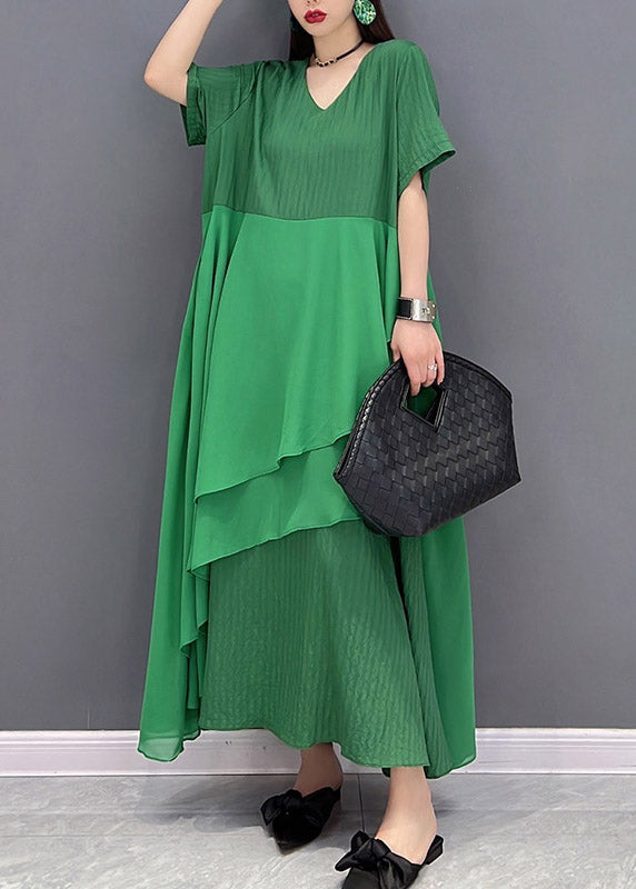 Modern Green V Neck Asymmetrical Patchwork Long Dress Short Sleeve