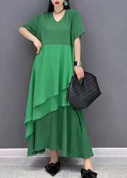 Modern Green V Neck Asymmetrical Patchwork Long Dress Short Sleeve