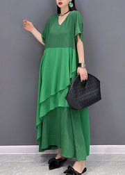 Modern Green V Neck Asymmetrical Patchwork Long Dress Short Sleeve