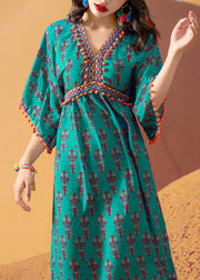 Modern Green V Neck Tasseled Print Patchwork Cotton Dresses Batwing Sleeve