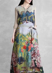 Modern Green art print clothes For Women v neck tie waist long summer Dresses - bagstylebliss