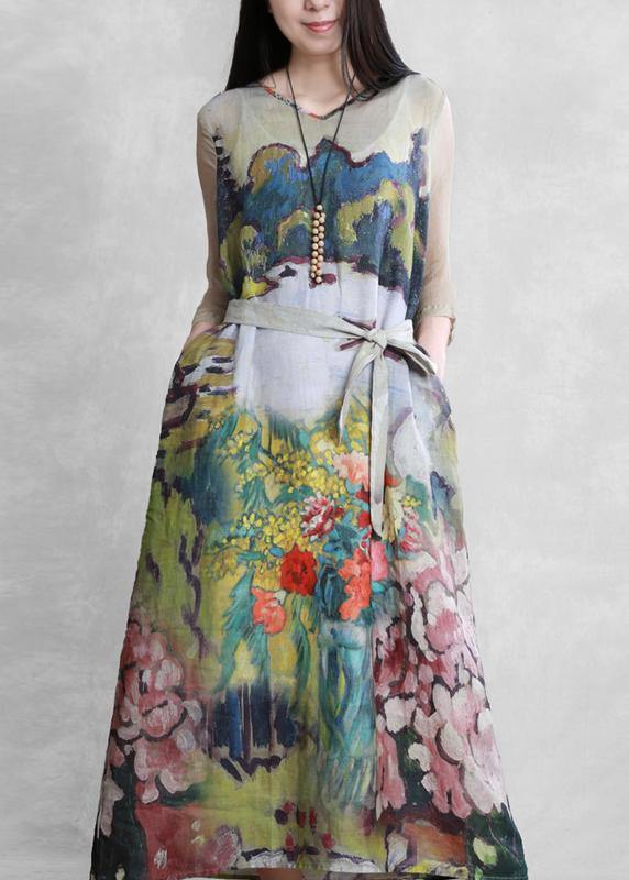 Modern Green art print clothes For Women v neck tie waist long summer Dresses - bagstylebliss