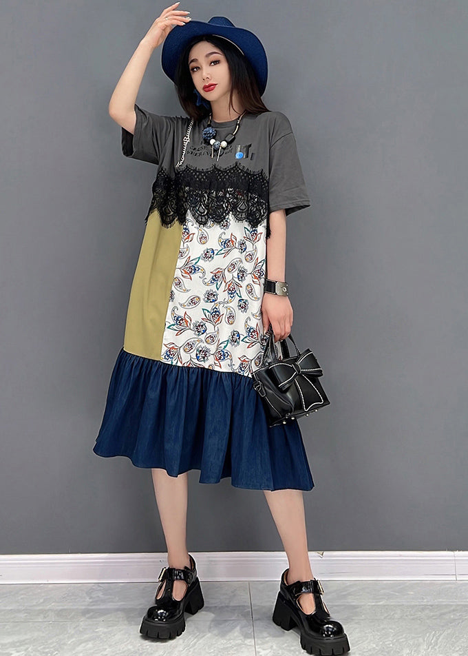 Modern Grey Asymmetrical Patchwork Lace Ruffles Cotton Denim Dresses Short Sleeve