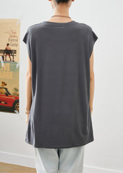 Modern Grey Oversized Cartoon Applique Cotton Vest Tops Sleeveless