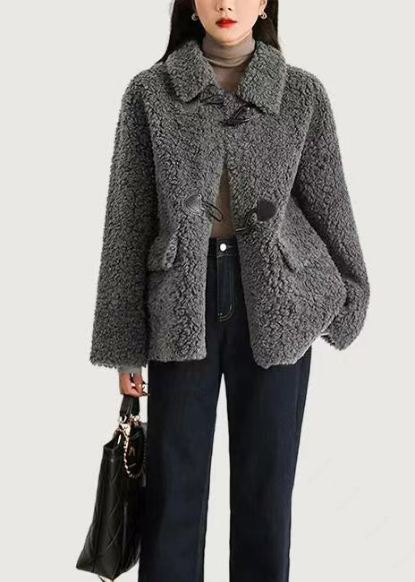 Modern Grey Peter Pan Collar Pockets Patchwork Wool Coats Winter