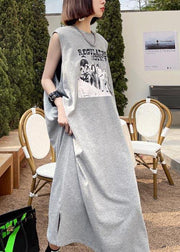 Modern Grey Print Cotton Sleeveless Summer Vacation Dresses - bagstylebliss