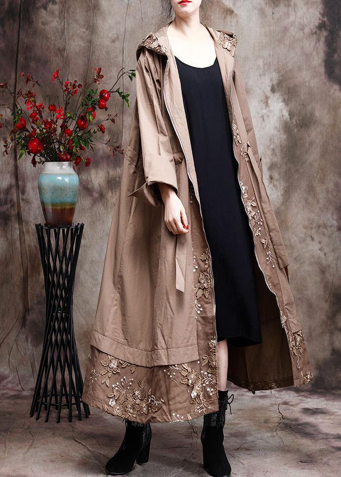 Modern Hooded Plus Size Coat For Woman Khaki Embroidery Trench Coat - bagstylebliss