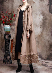 Modern Hooded Plus Size Coat For Woman Khaki Embroidery Trench Coat - bagstylebliss