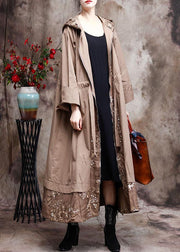 Modern Hooded Plus Size Coat For Woman Khaki Embroidery Trench Coat - bagstylebliss